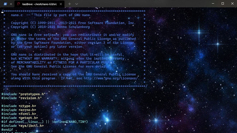 オプション「--zero」を有効にしたGNU nano バージョン6.0