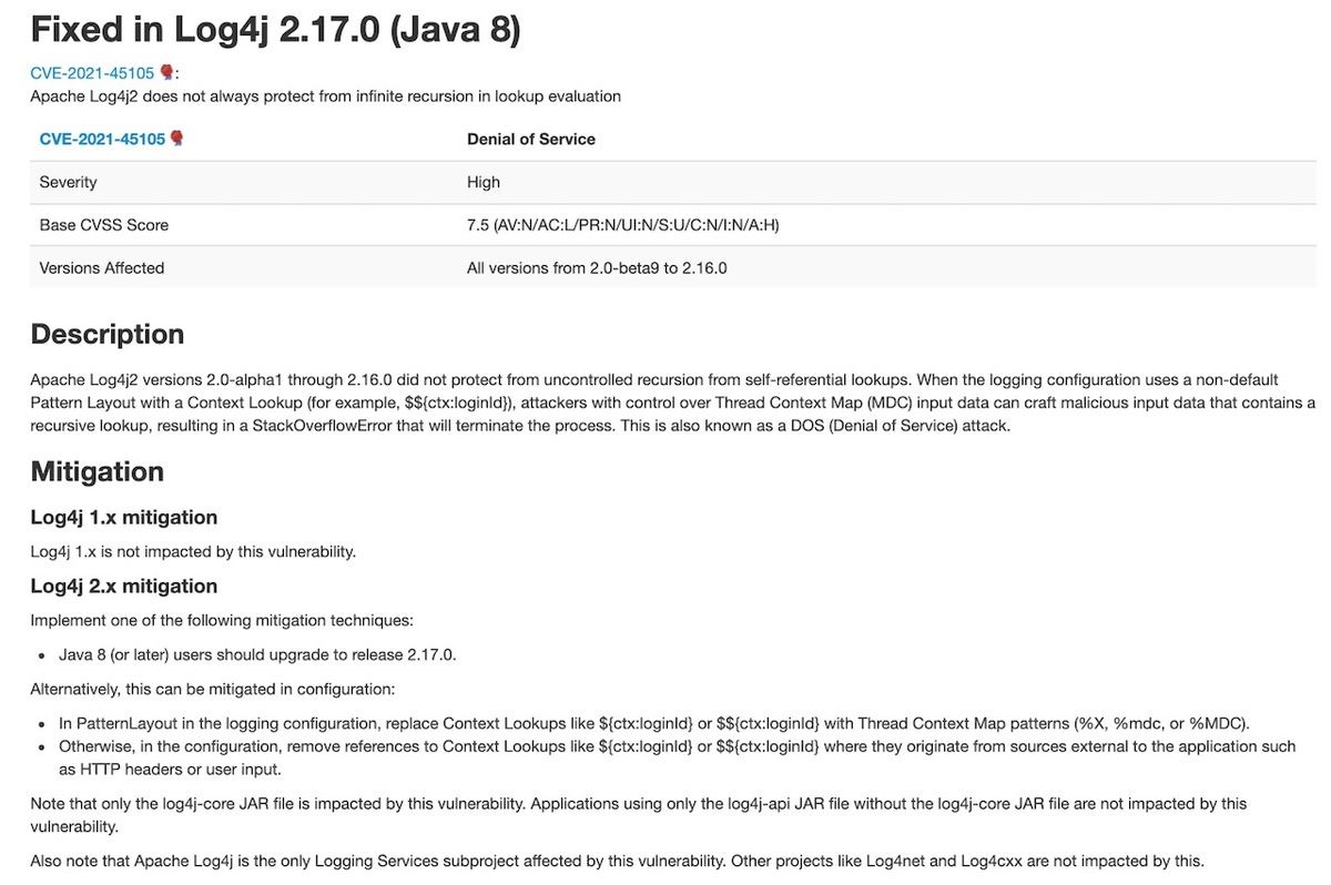 Fixed in Log4j 2.17.0 (Java 8)