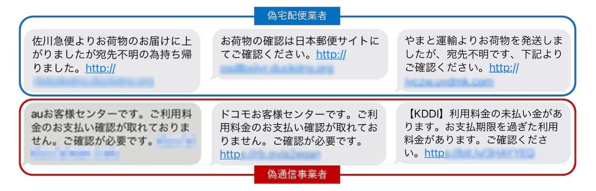 宅配便業者に加えて通信事業者がかたられるようになった偽SMSの一例（資料:IPA）