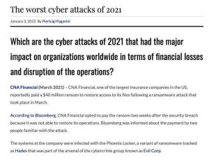 2021年、莫大な経済的損失をもたらしたサイバー攻撃はどれか？