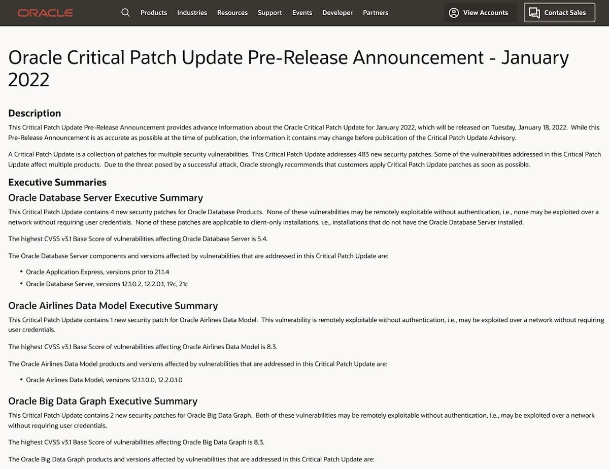 Oracle Critical Patch Update Pre-Release Announcement - January 2022