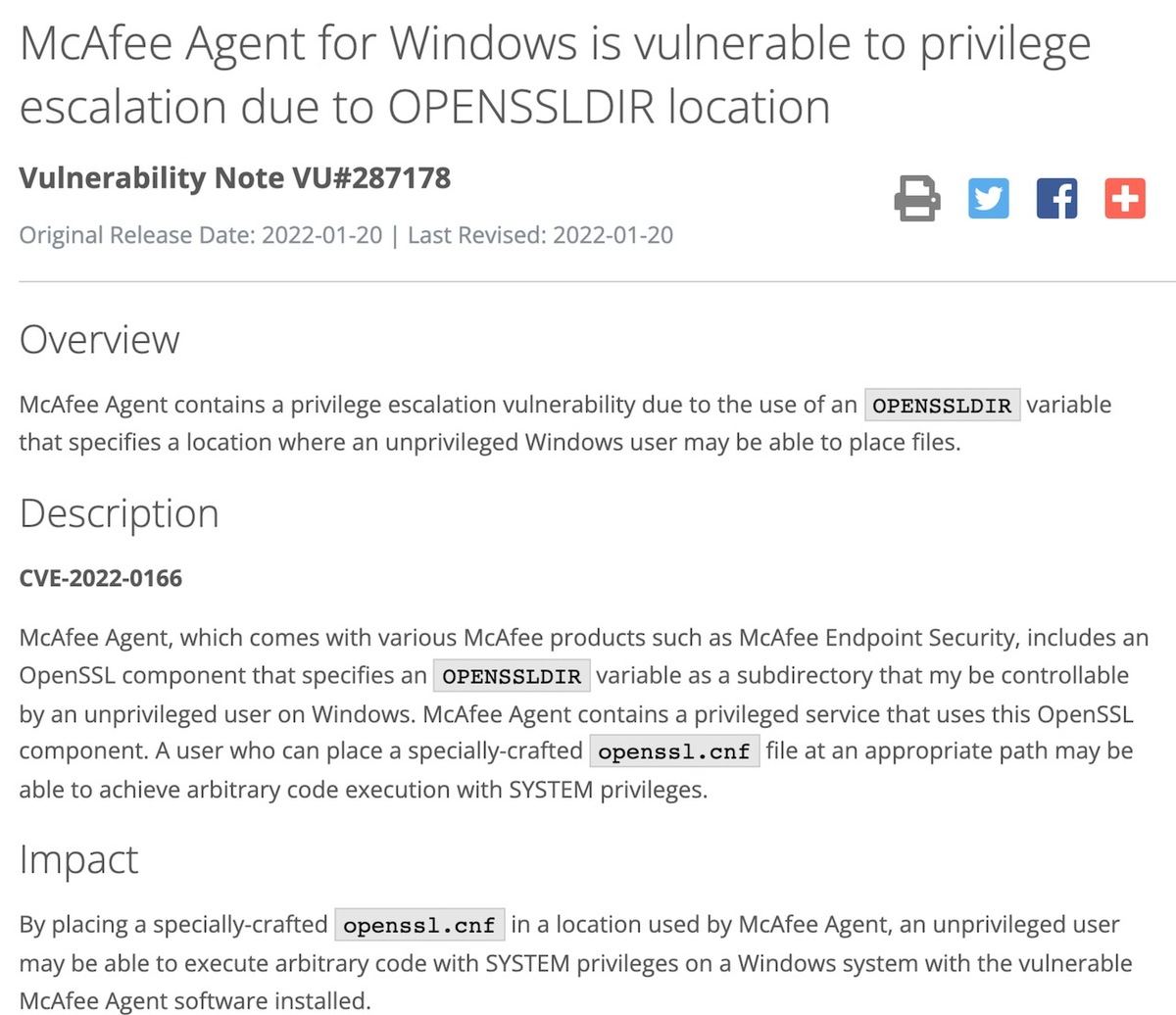 VU#287178 - McAfee Agent for Windows is vulnerable to privilege escalation due to OPENSSLDIR location