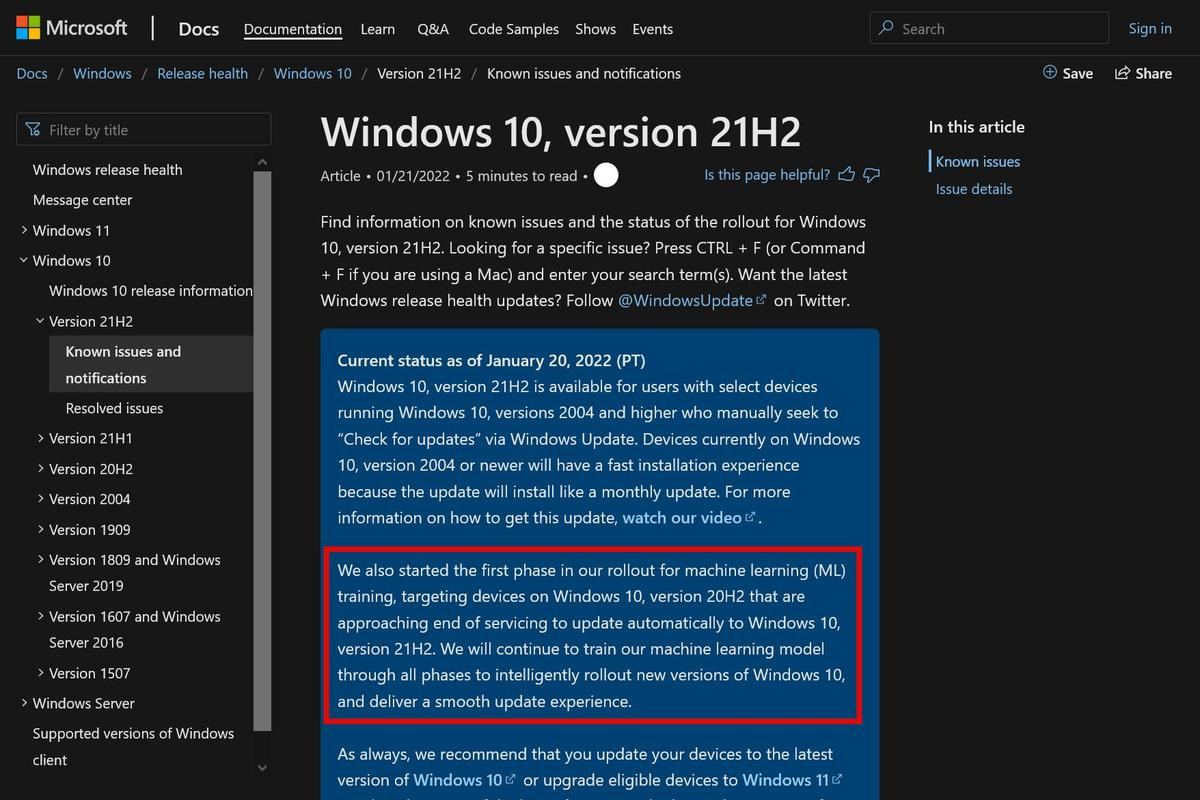 Windows 10、version 21H2｜Microsoft Docs