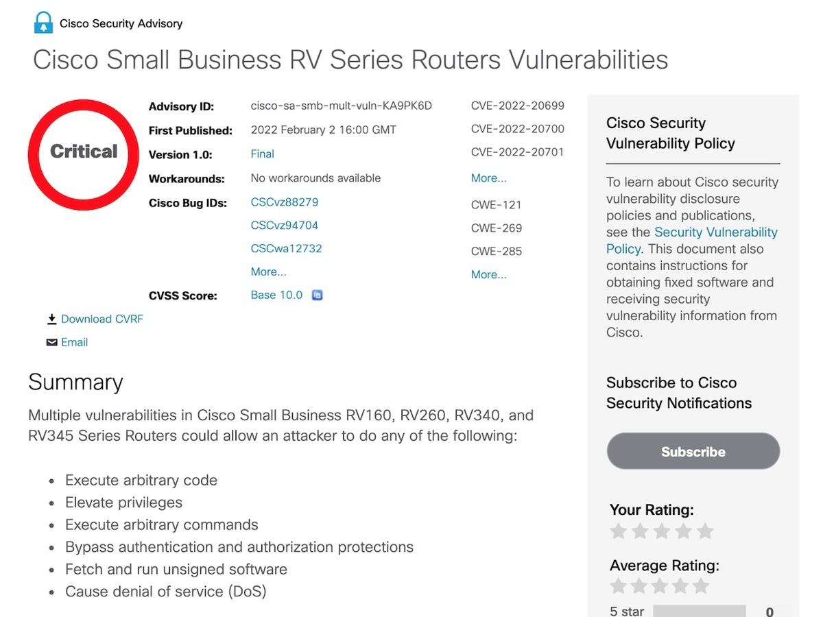 Cisco Small Business RV Series Routers Vulnerabilities
