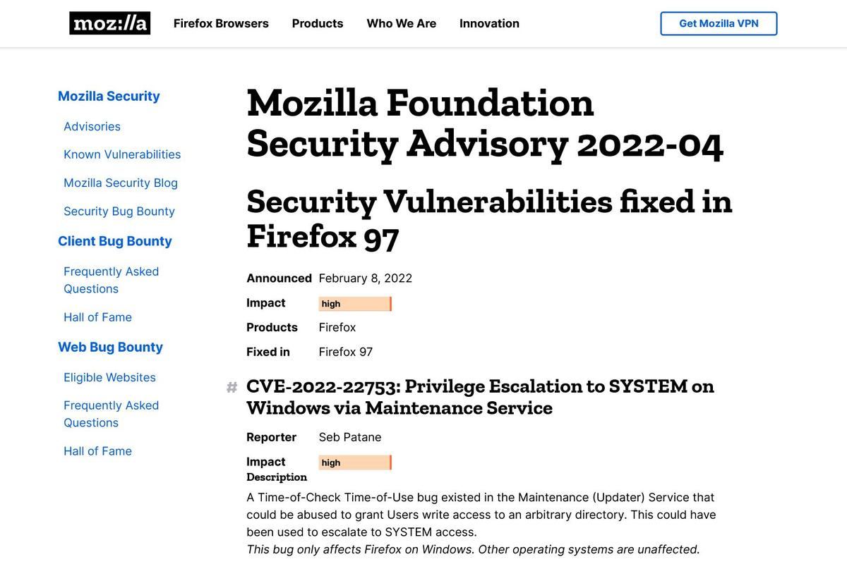 Security Vulnerabilities fixed in Firefox 97 — Mozilla