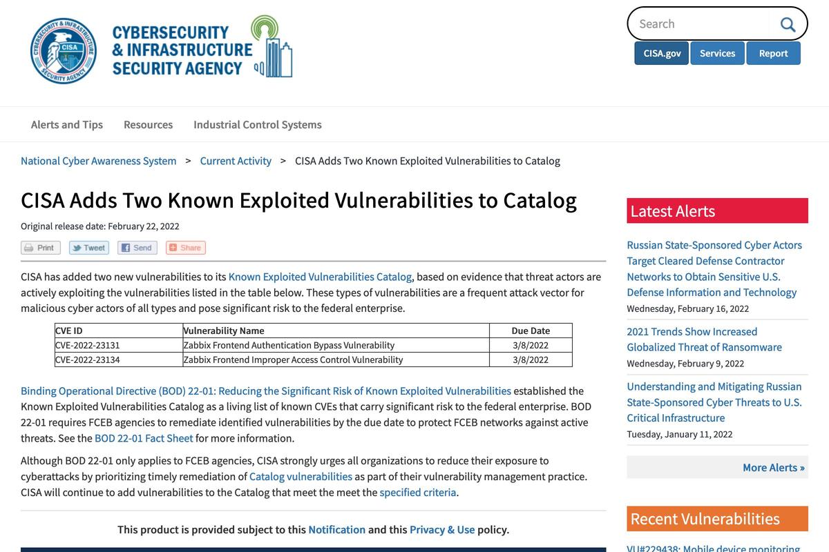 Zabbixの脆弱性がアクティブにサイバー攻撃に使われている、CISA警告 