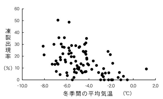 冬季間の平均気温と北海道トドマツ凍裂出現率の関係