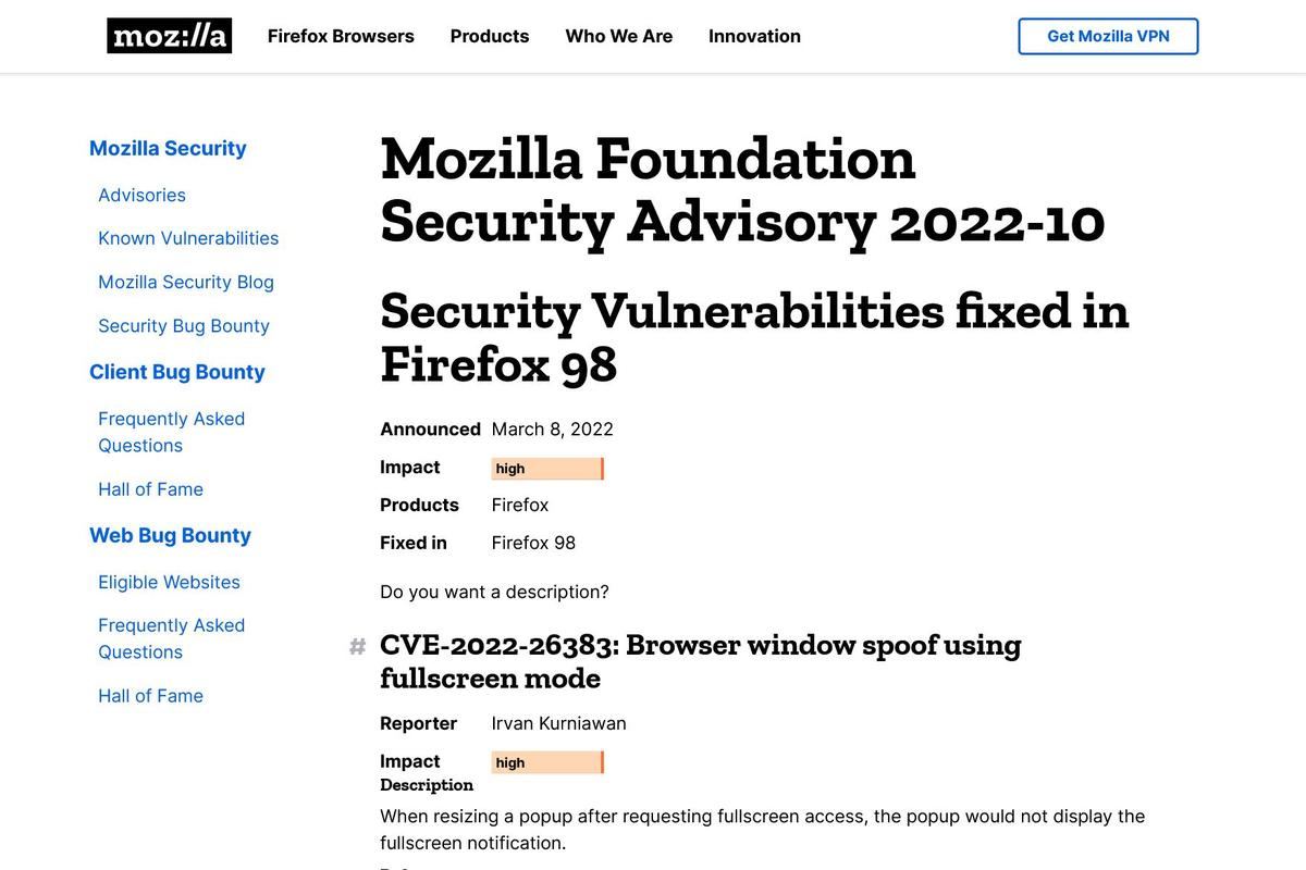 Security Vulnerabilities fixed in Firefox 98 — Mozilla