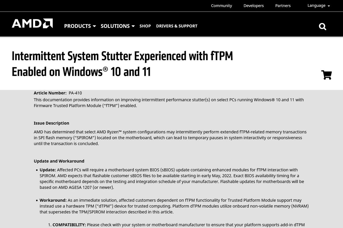 Intermittent System Stutter Experienced with fTPM Enabled on Windows® 10 and 11｜AMD