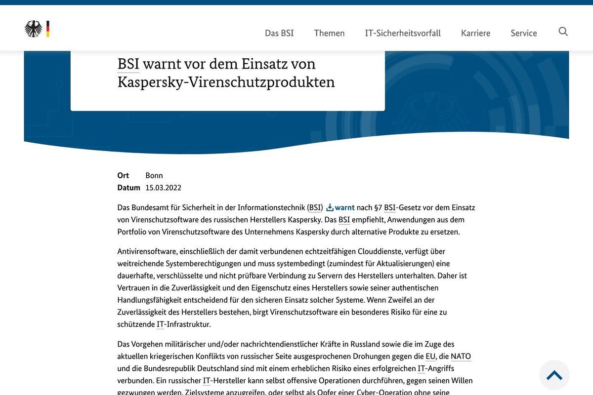 BSI  -  Presse - BSI warnt vor dem Einsatz von Kaspersky-Virenschutzprodukten