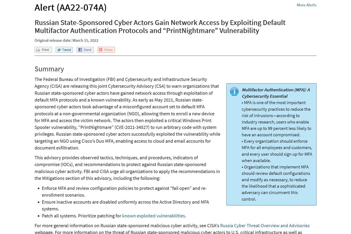Russian State-Sponsored Cyber Actors Gain Network Access by Exploiting Default Multifactor Authentication Protocols and “PrintNightmare” Vulnerability｜CISA
