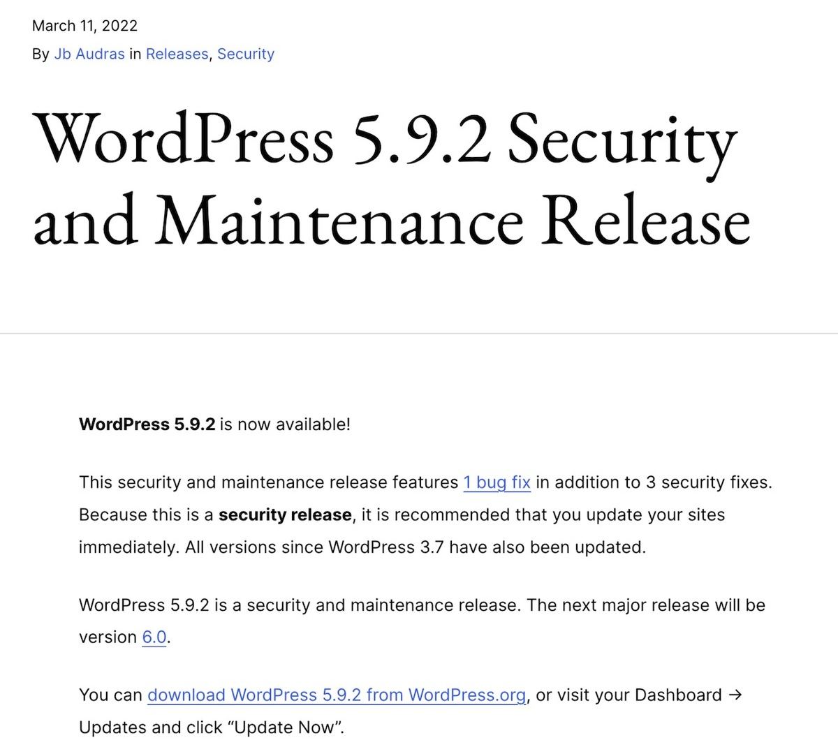 WordPress 5.9.2 Security and Maintenance Release