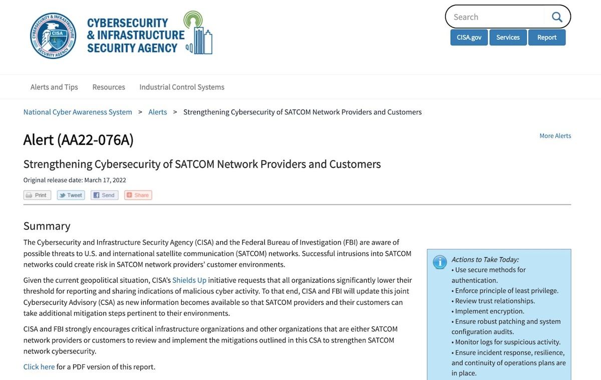 Alert (AA22-076A): Strengthening Cybersecurity of SATCOM Network Providers and Customers