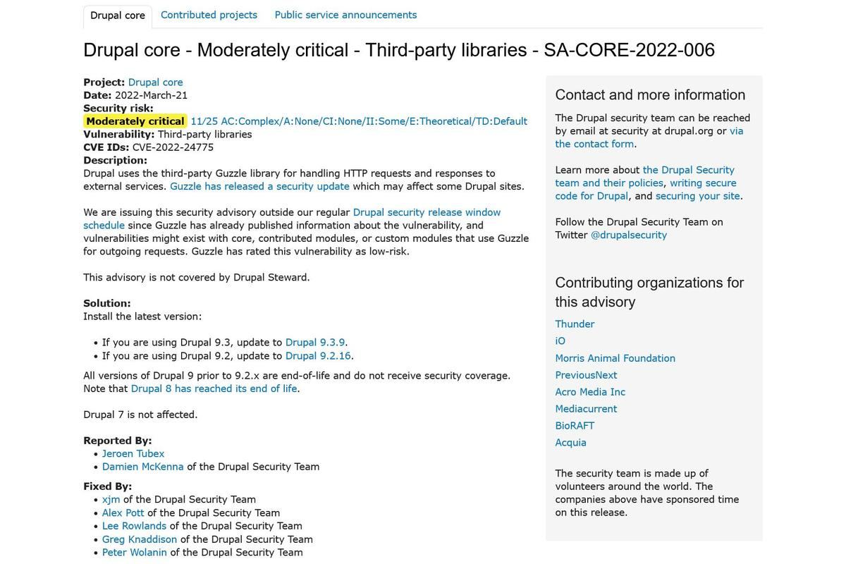 Drupal core - Moderately critical - Third-party libraries - SA-CORE-2022-006｜Drupal.org