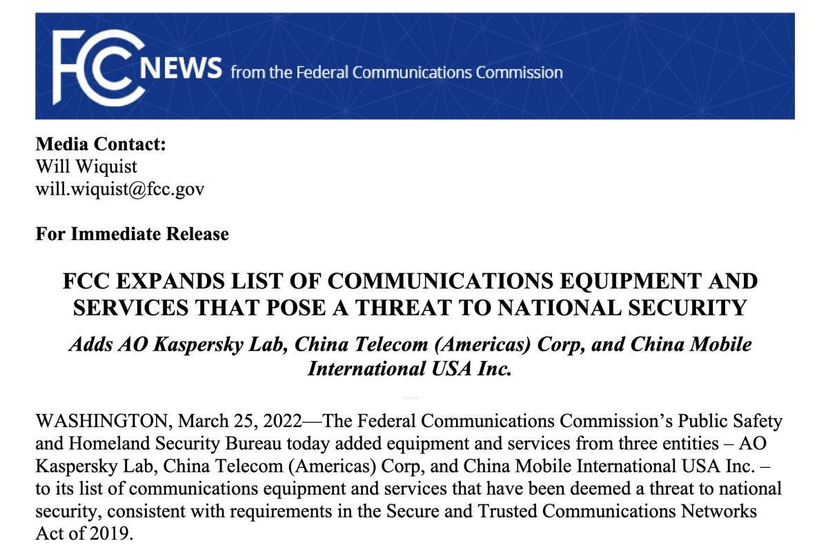 FCC Expands List of Equipment and Services That Pose Security Threat｜Federal Communications Commission