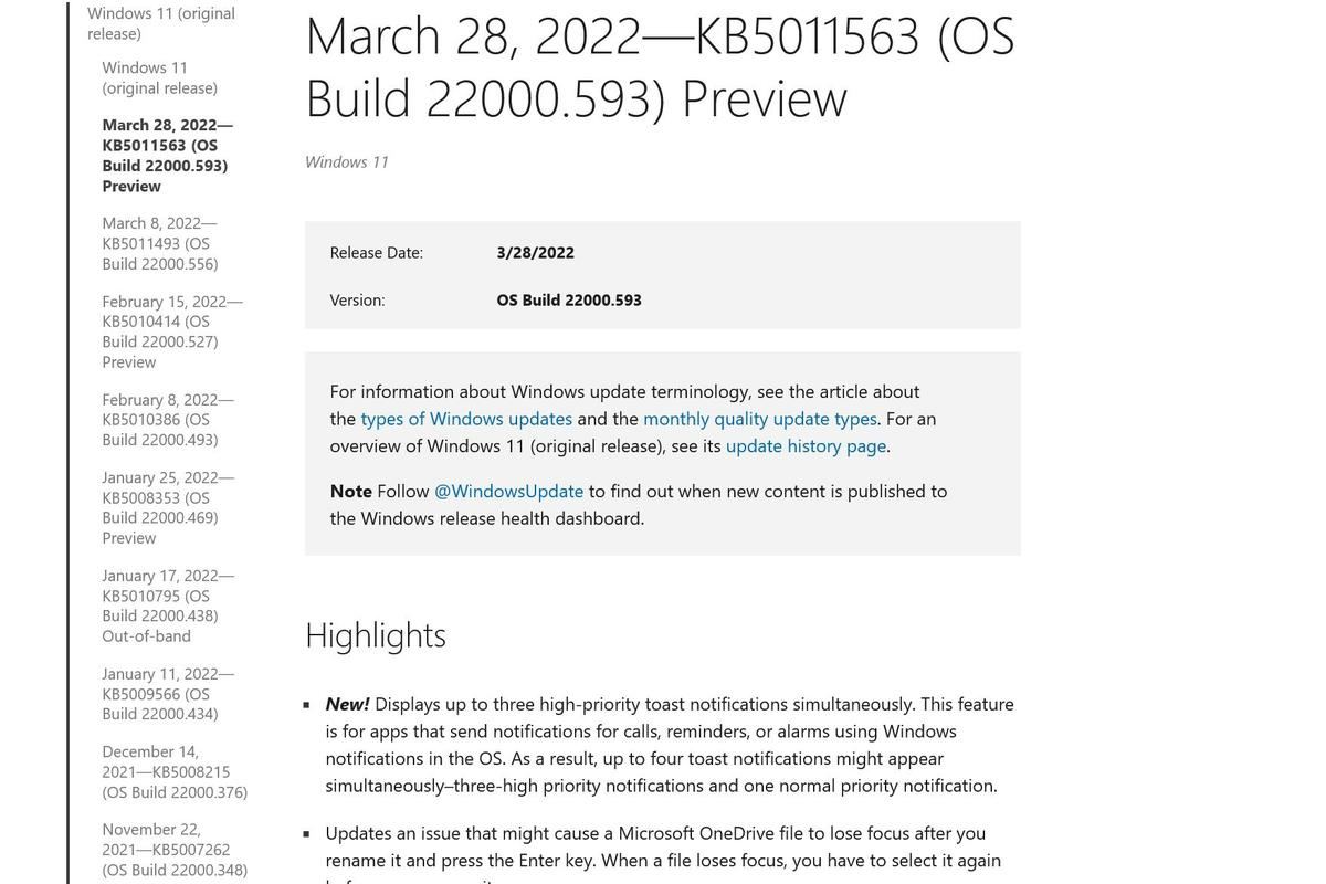 March 28、2022—KB5011563 (OS Build 22000.593) Preview