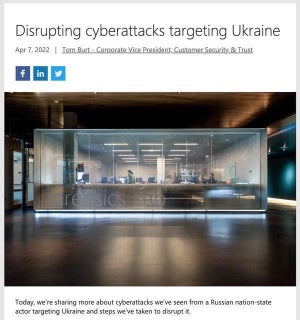 Microsoft、ウクライナを狙うサイバー攻撃に使われた7つのドメイン削除