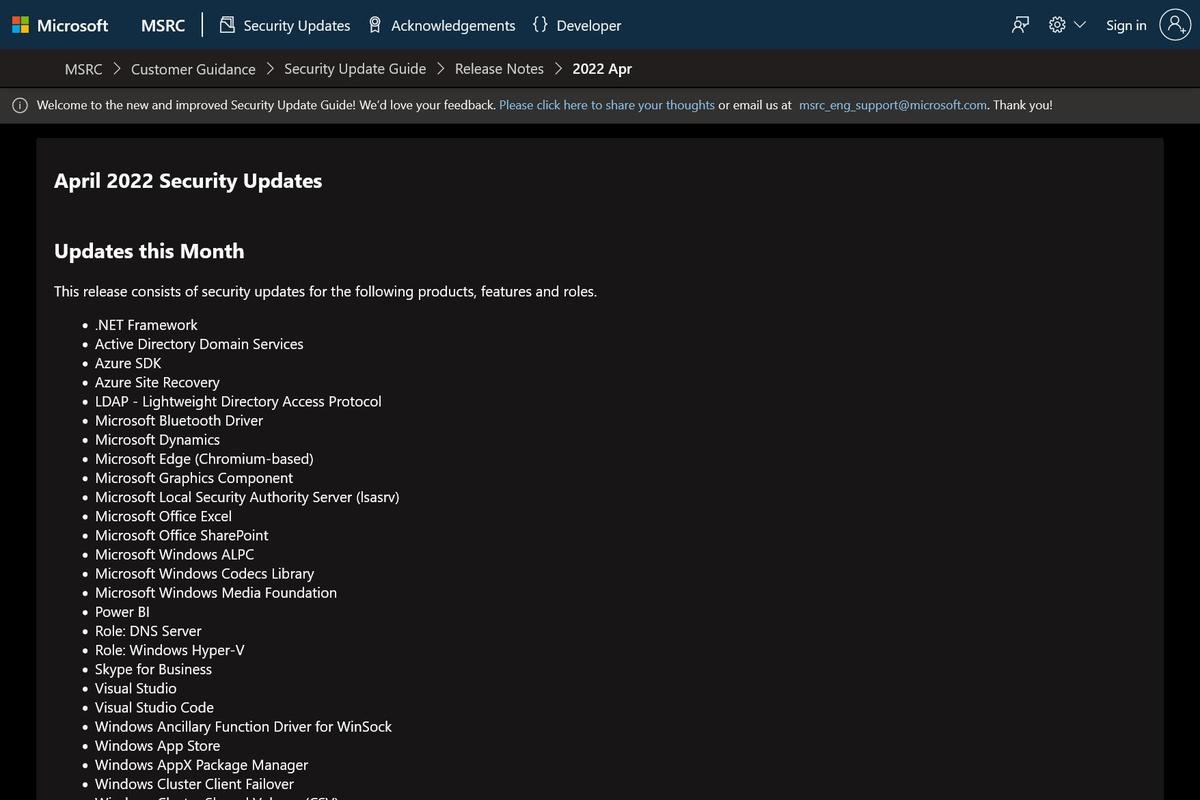 April 2022 Security Update Summary - Release Notes - Security Update Guide - Microsoft