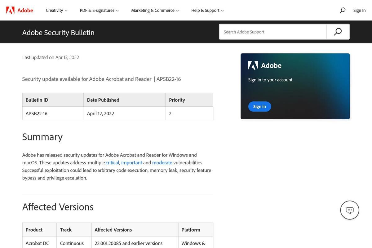 Adobe Security Bulletin - Security update available for Adobe Acrobat and Reader ｜APSB22-16