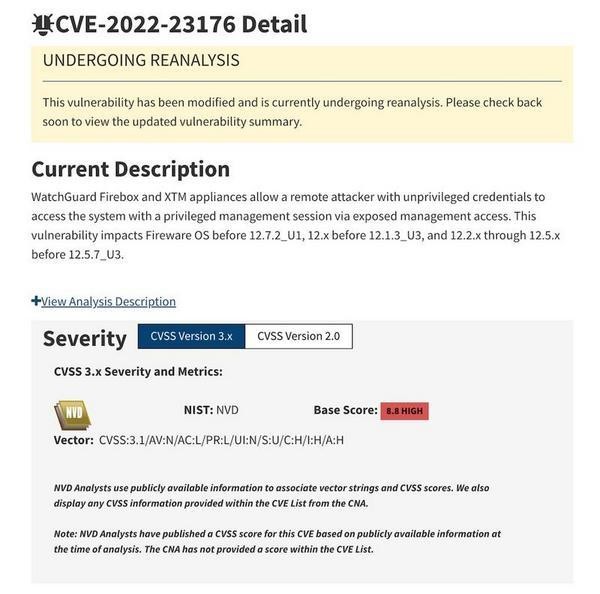 CVE-2022-23176: WatchGuard FireboxおよびXTMアプライアンスにおける権限昇格の脆弱性