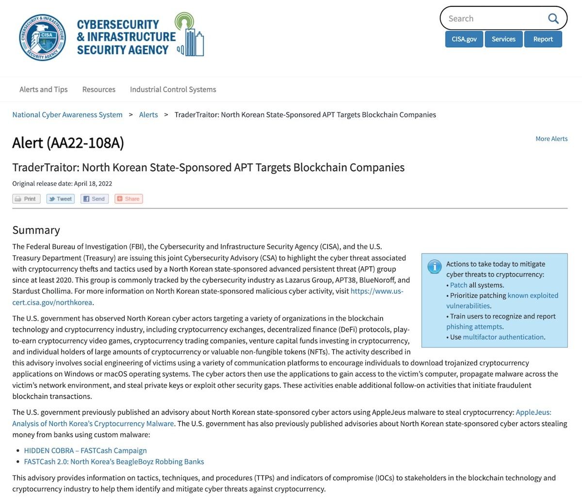 Alert (AA22-108A) - TraderTraitor: North Korean State-Sponsored APT Targets Blockchain Companies