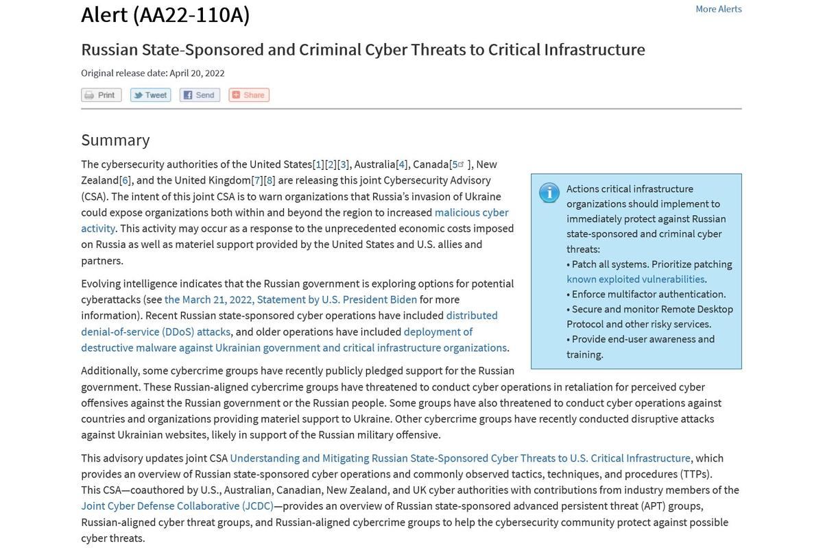 Russian State-Sponsored and Criminal Cyber Threats to Critical Infrastructure｜CISA