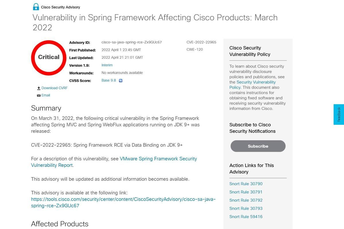 Vulnerability in Spring Framework Affecting Cisco Products: March 2022