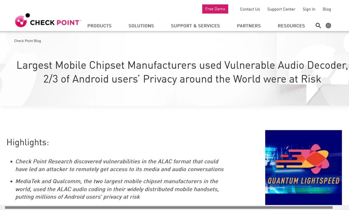 Largest Mobile Chipset Manufacturers used Vulnerable Audio Decoder、2/3 of Android users’ Privacy around the World were at Risk - Check Point Software