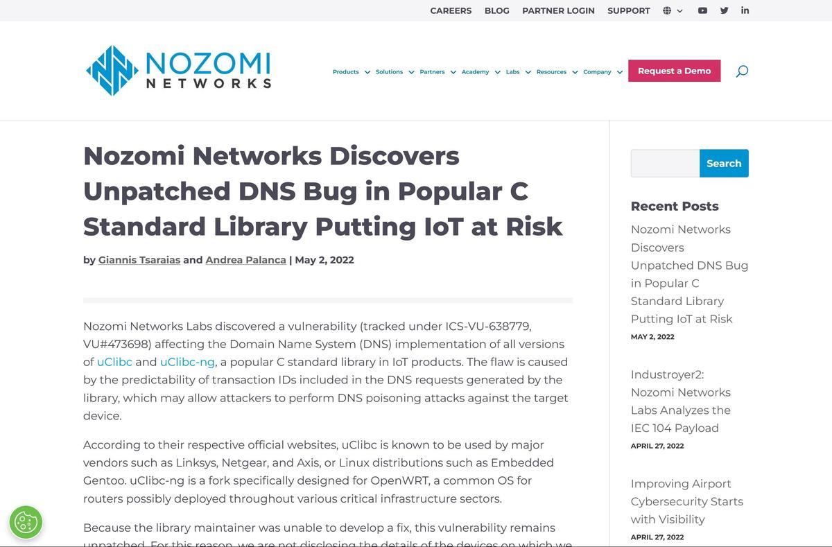 Nozomi Networks Discovers Unpatched DNS Bug in Popular C Standard Library Putting IoT at Risk