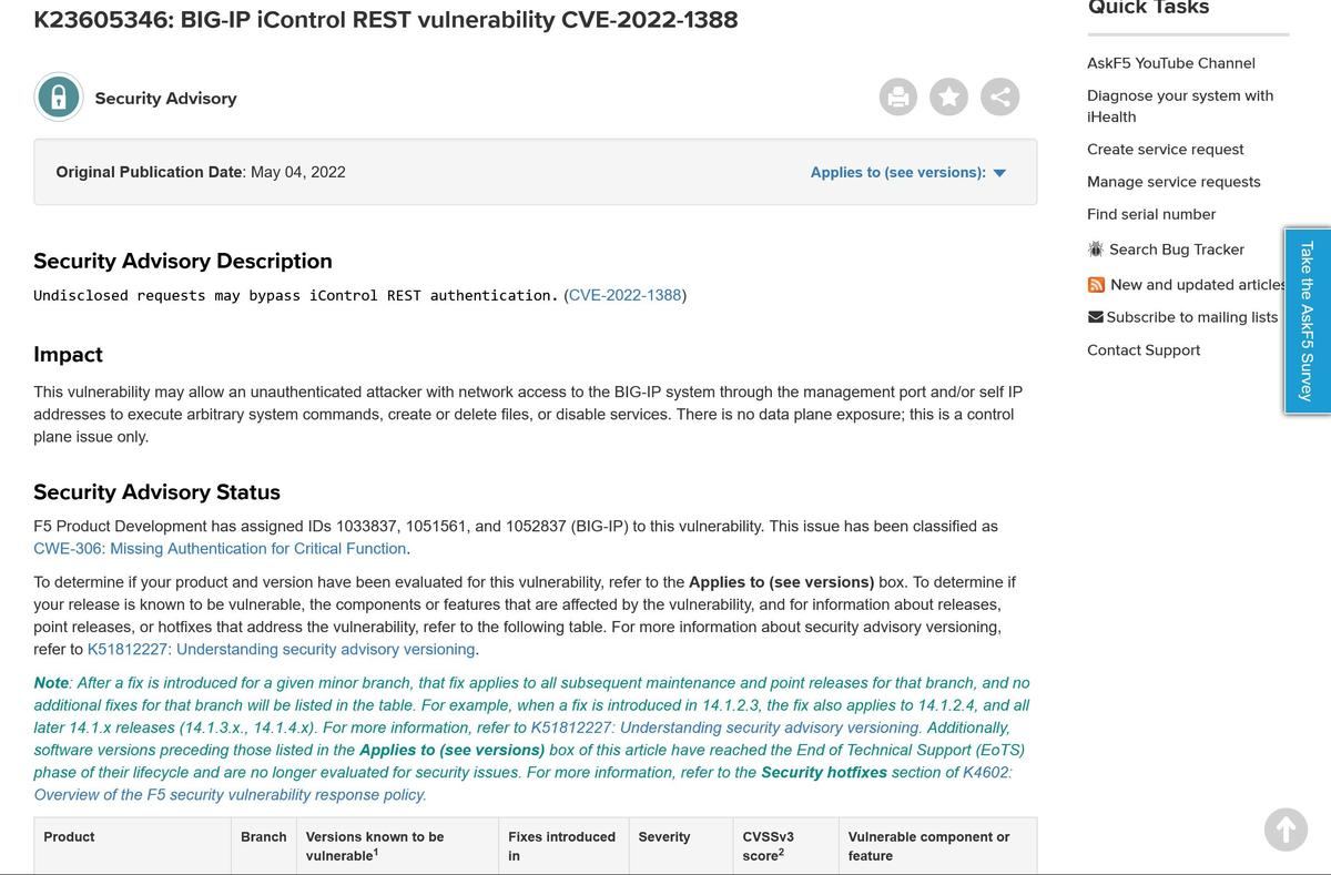 BIG-IP iControl REST vulnerability CVE-2022-1388