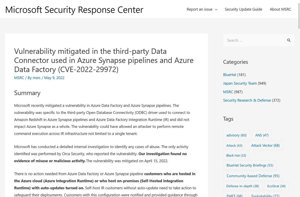 Vulnerability mitigated in the third-party Data Connector used in Azure Synapse pipelines and Azure Data Factory (CVE-2022-29972) – Microsoft Security Response Center