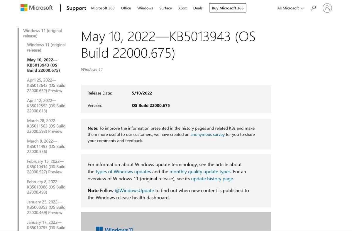 May 10、2022—KB5013943 (OS Build 22000.675)