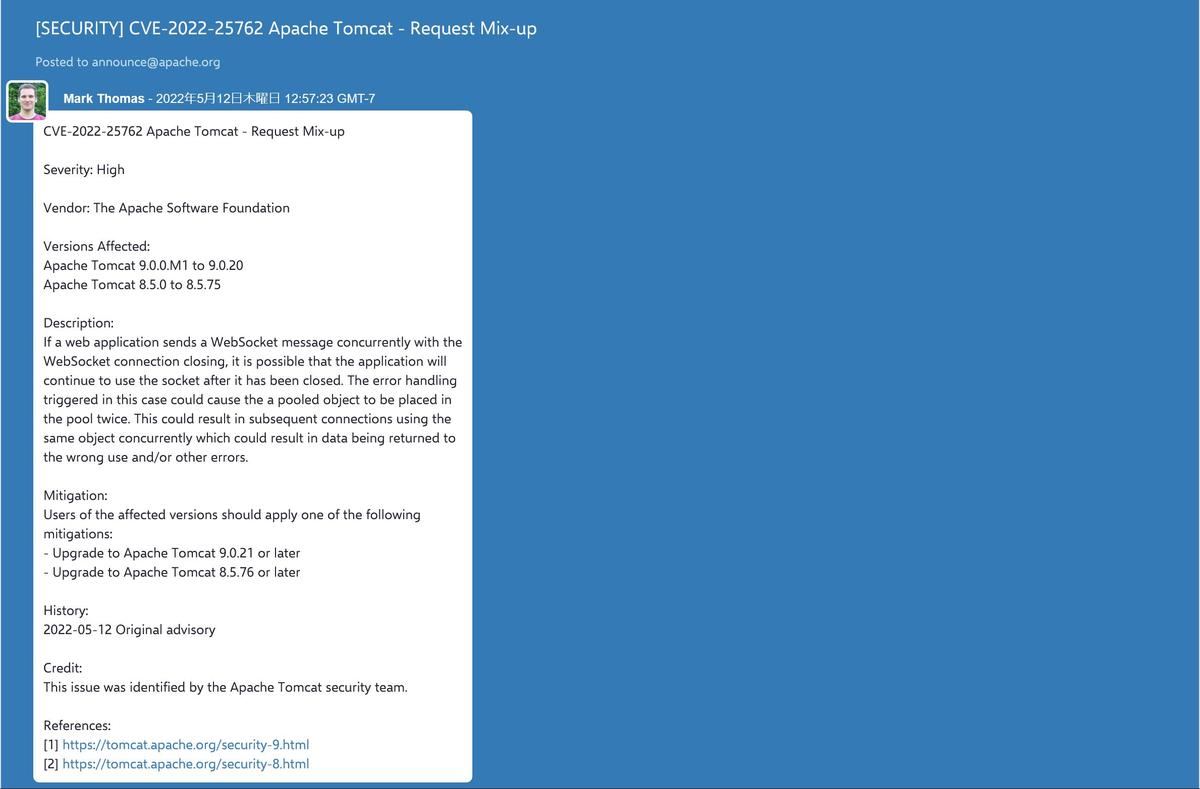 [SECURITY] CVE-2022-25762 Apache Tomcat - Request Mix-up-Apache Mail Archives