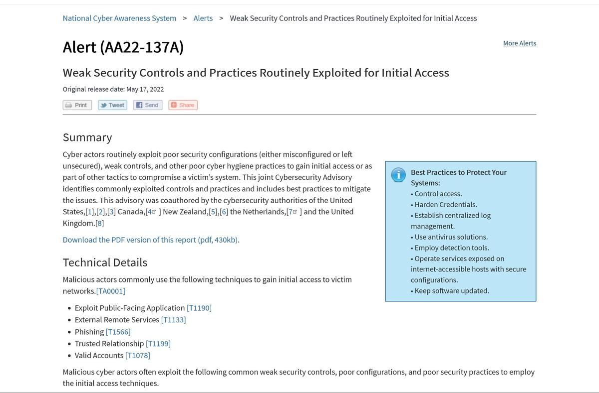 Weak Security Controls and Practices Routinely Exploited for Initial Access｜CISA