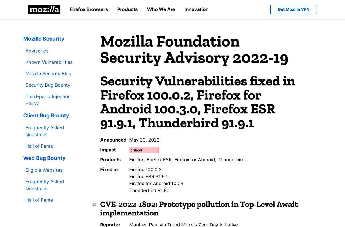 Security Vulnerabilities fixed in Firefox 100.0.2、Firefox for Android 100.3.0、Firefox ESR 91.9.1、Thunderbird 91.9.1 — Mozilla