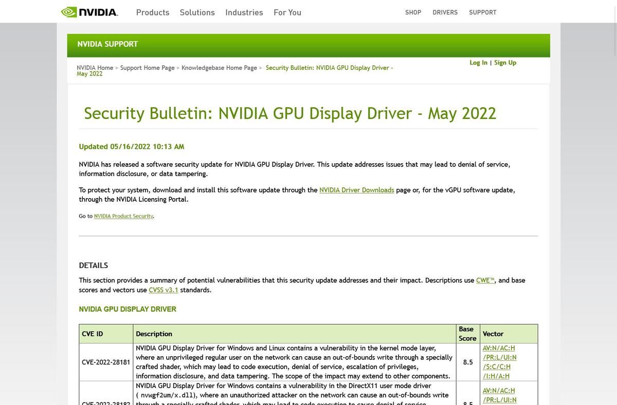 Security Bulletin: NVIDIA GPU Display Driver - May 2022｜NVIDIA