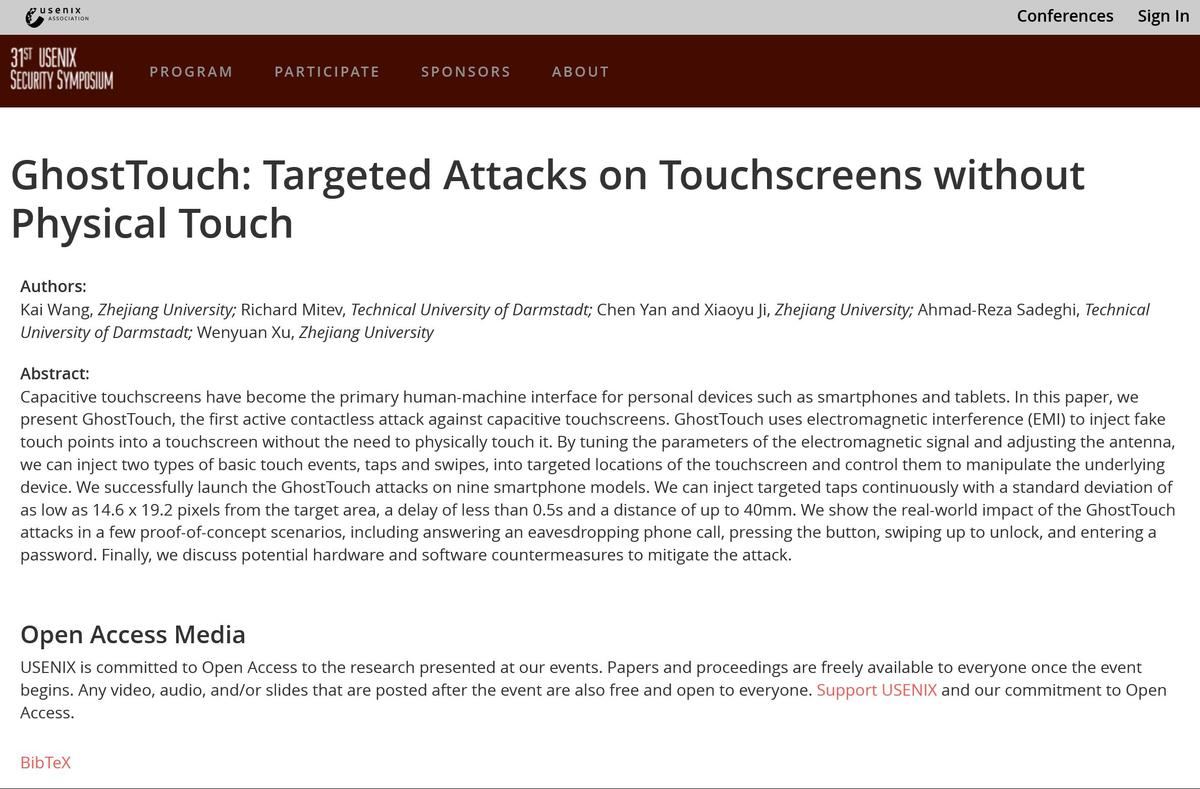 GhostTouch: Targeted Attacks on Touchscreens without Physical Touch｜USENIX