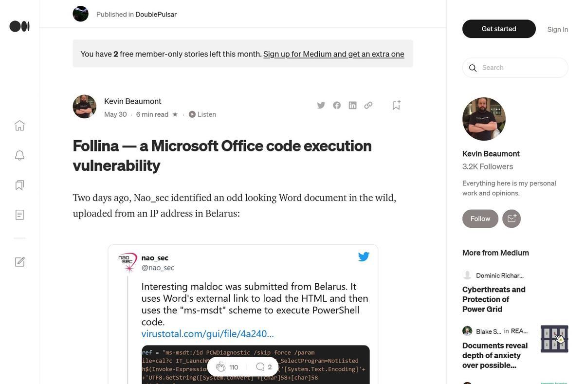 Follina — a Microsoft Office code execution vulnerability｜by Kevin Beaumont｜May、2022｜DoublePulsar