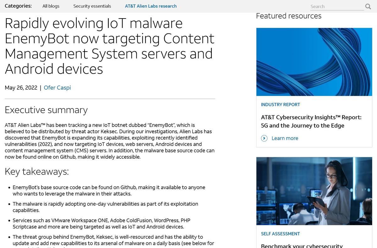 Rapidly evolving IoT malware EnemyBot now targeting Content Management System servers and Android devices｜AT&T Alien Labs