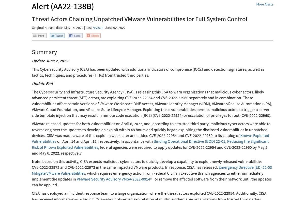 Threat Actors Chaining Unpatched VMware Vulnerabilities for Full System Control｜CISA