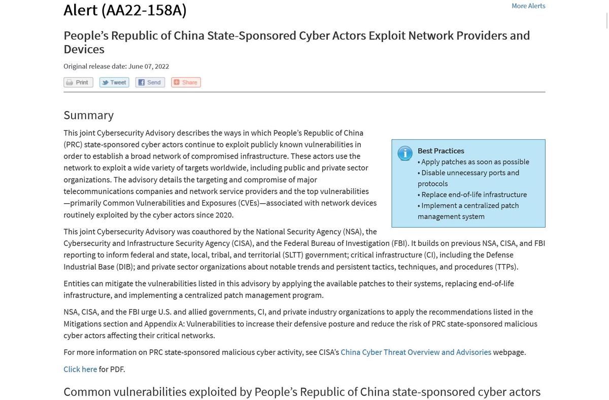 People’s Republic of China State-Sponsored Cyber Actors Exploit Network Providers and Devices｜CISA