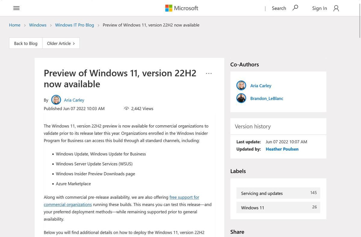 Preview of Windows 11、version 22H2 now available - Microsoft Tech Community