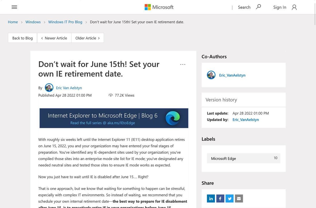 Don’t wait for June 15th! Set your own IE retirement date. - Microsoft Tech Community