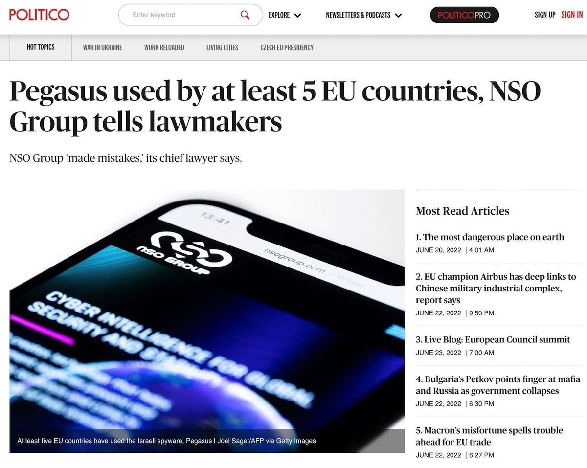 Pegasus used by at least 5 EU countries、NSO Group tells lawmakers – POLITICO