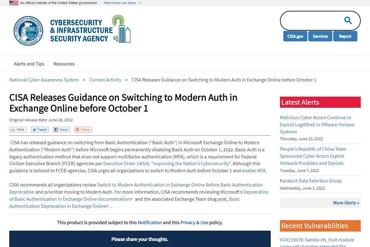 CISA Releases Guidance on Switching to Modern Auth in Exchange Online before October 1｜CISA