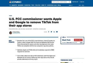 米国当局がTikTokをAppleおよびGoogleのアプリストアから削除するよう要請