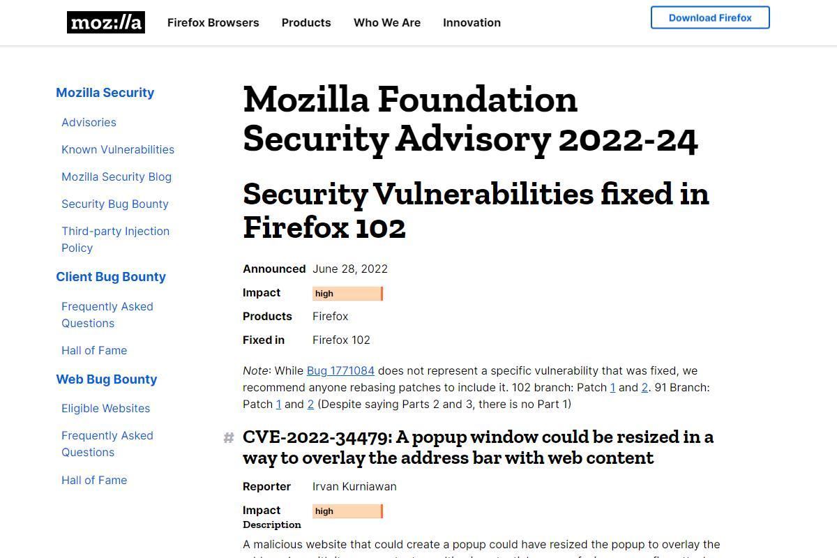 Security Vulnerabilities fixed in Firefox 102 — Mozilla