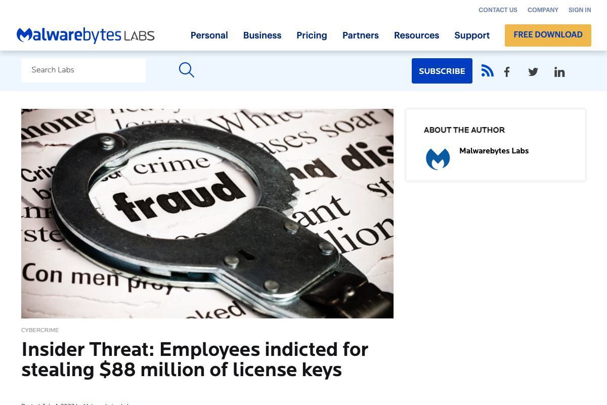 Insider Threat: Employees indicted for stealing $88 million of license keys｜Malwarebytes Labs
