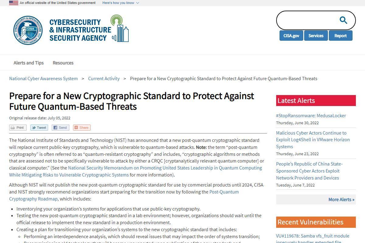 Prepare for a New Cryptographic Standard to Protect Against Future Quantum-Based Threats｜CISA