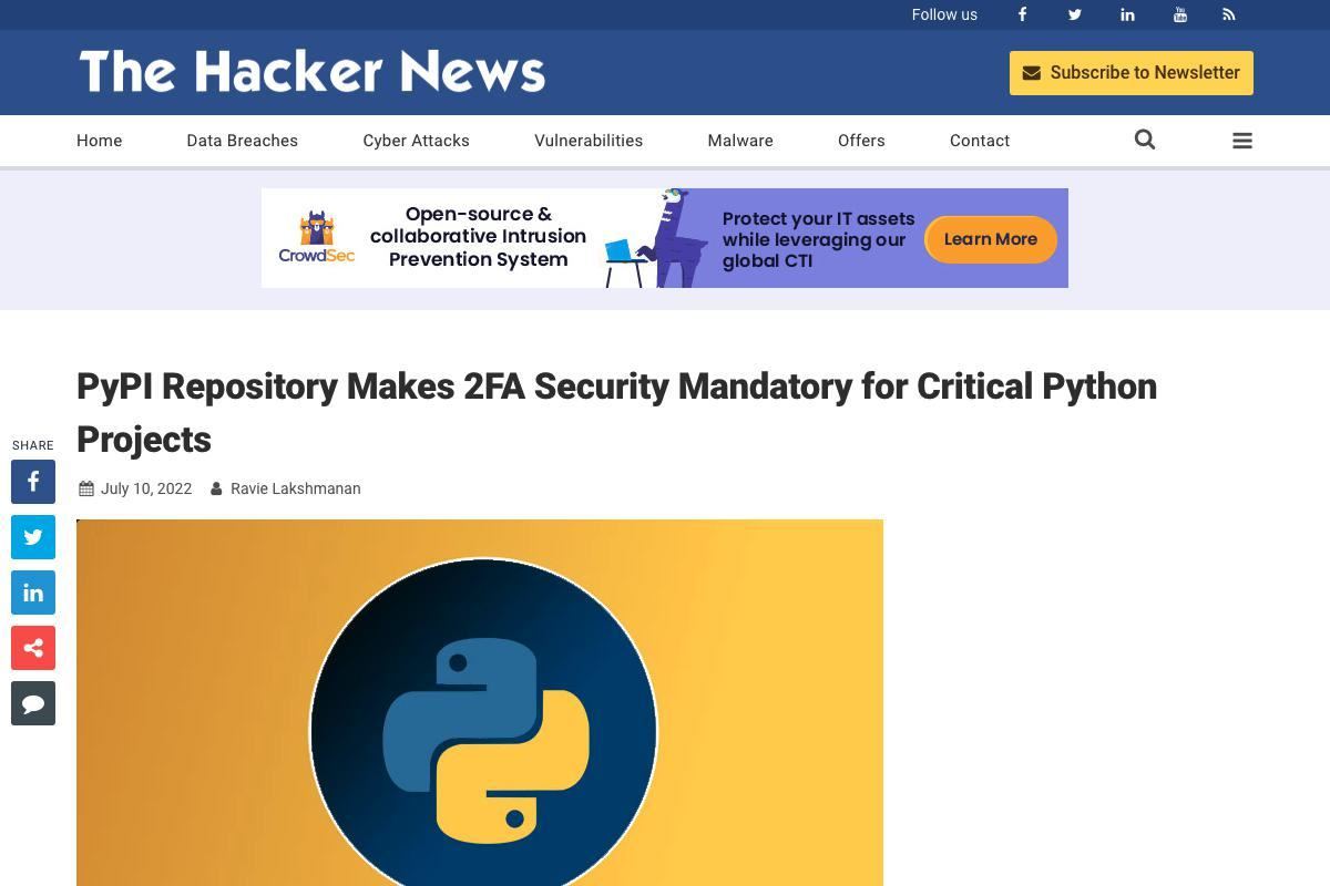 PyPI Repository Makes 2FA Security Mandatory for Critical Python Projects